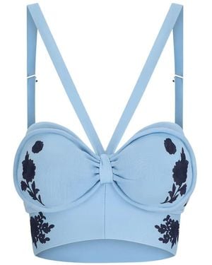 Rabanne Floral-Embroidered Sweetheart-Neck Top - Blue