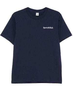 Sporty & Rich Play Tennis Logo-Print Slogan-Print T-Shirt - Blue