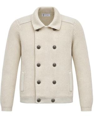Brunello Cucinelli Double-Breasted Ribbed-Knit Cardigan - White