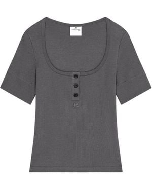 Courreges Buttoned Ribbed T-Shirt - Gray