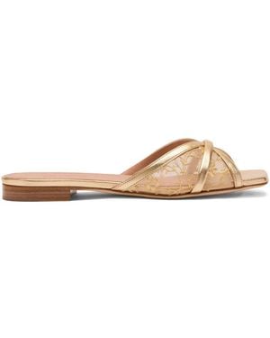 Malone Souliers Perla Flower-Embroidered Flat Sandals - Natural