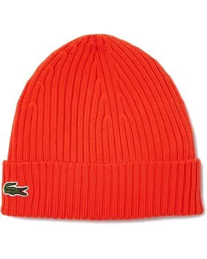 Lacoste Ribbed-Knit Beanie - Red