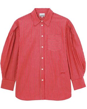 Ganni Striped Cotton Shirt With Balloon Sleeves - Red