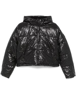 DKNY Cropped Puffer Jacket With Glossy Texture - Black