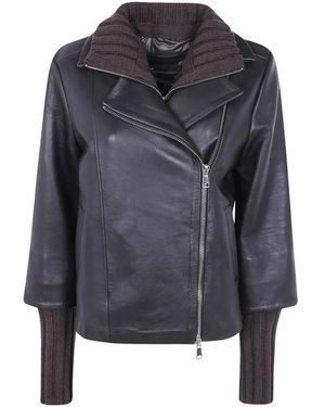 The Jackie Leathers Gemini Ribbed-Knit Leather Jacket - Grey