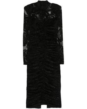 Nissa Rose-Print Gathered Midi Dress - Black