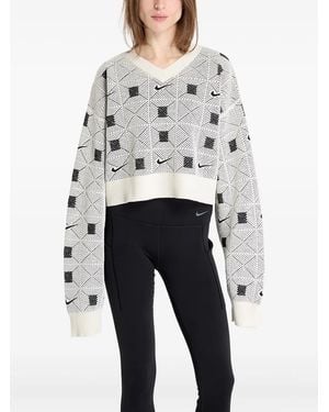 Nike Geometric-Pattern V-Neck Jumper - White
