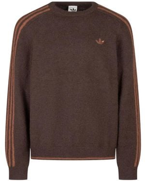 adidas 3 Stripes Fluffy Knit Crew Jumper - Brown