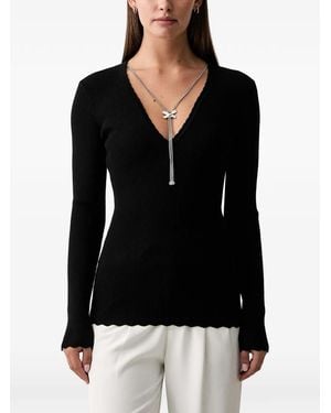 Silvian Heach Ribbed V-Neck Blouse - Black