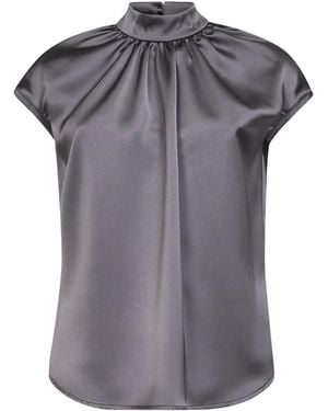 Blanca Vita Gathered Stand-Collar Top - Grey