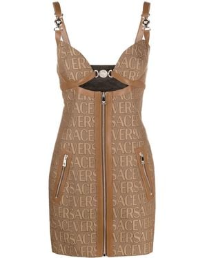 Versace Versatile Monogram Mini Dress With Leather Trims - Brown