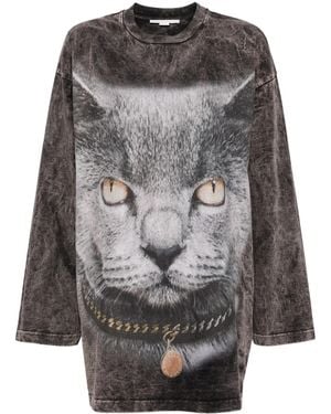 Stella McCartney Crewneck Cotton Jersey Cat Print Tee - Gray