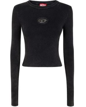 DIESEL Ribbed Long-Sleeve Top With Subtle Logo Detail - Blue