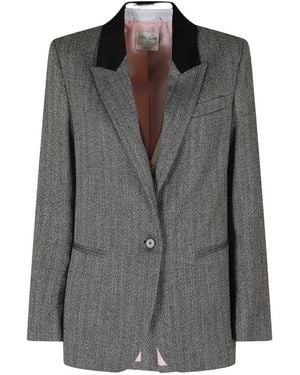 forte_forte Herringbone-Pattern Velvet-Collar Jacket - Grey