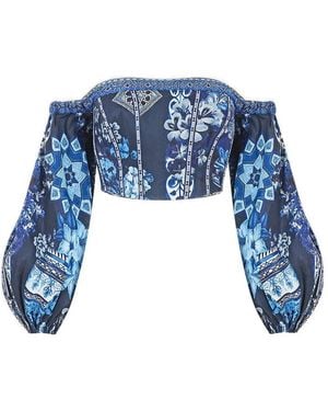 CAMILLA Top Corto Tipo Corsé A Tiled Wonderland Con Manga Larga - Azul