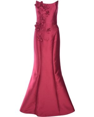 Marchesa Floral-Appliqué Satin Gown - Red