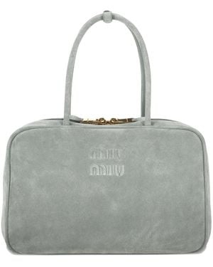 Miu Miu Embossed-Logo Suede Tote Bag - Gray