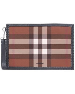 Burberry Check-Pattern Leather Pouch - Brown