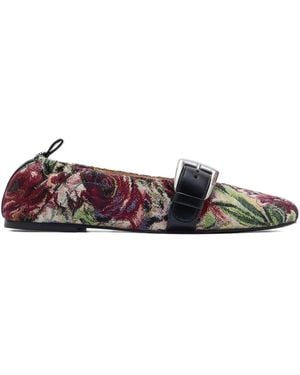 Ganni Tapestry-Weave Buckled Ballet Flats - White