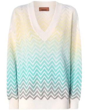 Missoni Ombré-Chevron V-Neck Sweater - Blue