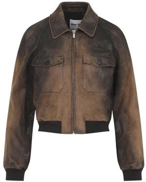 Miu Miu Pocket Logo Leather Jacket - Brown