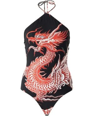 Roberto Cavalli Dragon-Print Halterneck Bodysuit - Red