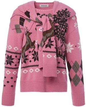 Monse Fair Isle Scarf-Detail Jumper - Pink