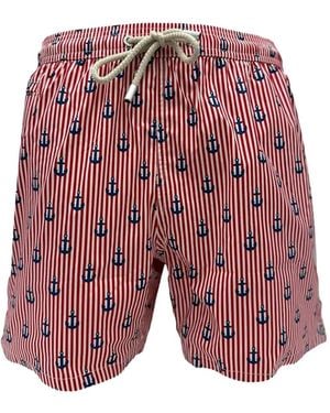 MC2 Saint Barth Anchor-Print Striped Swim Shorts - Red