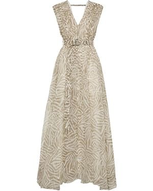 Brunello Cucinelli Silk Printed Belted Dress - Natural