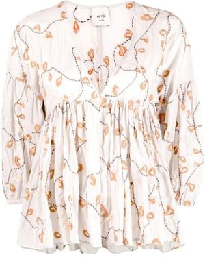 Alysi Embroidered Flounce Smock Top - Natural