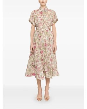 Nissa Floral-Print Lace-Up Midi Dress - Natural