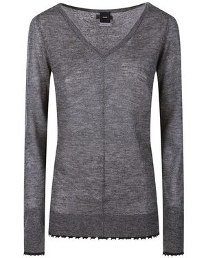 Pinko V-Neck Frayed-Edge Sweater - Gray