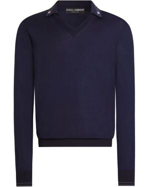 Dolce & Gabbana V-Neck Logo-Embroidered Top - Blue