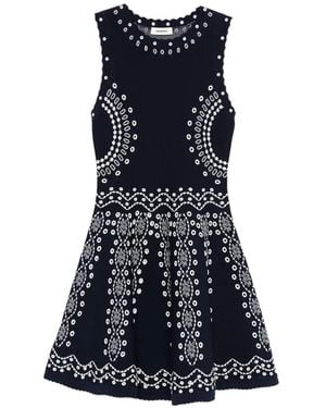Sandro Scarf-Print Embroidered Knit Mini Dress - Blue