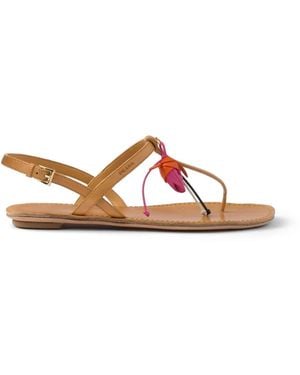 Prada Antiqued Leather Thong Sandals With Floral Ornament - Brown