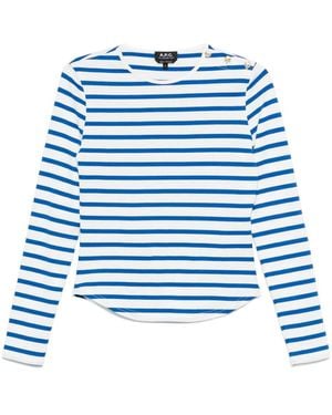 A.P.C. Striped Button-Shoulder T-Shirt - Blue