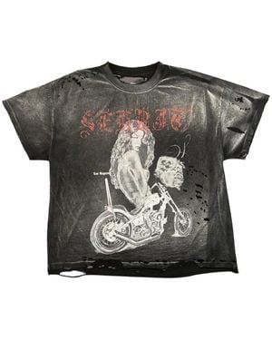 SEKRIT Distressed Graphic-Print T-Shirt - Black