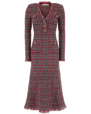 Self-Portrait Check-Knit Frayed Midi Dress - Purple