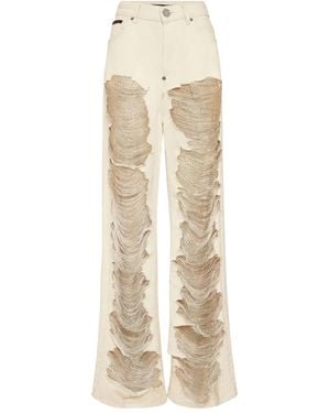 Philipp Plein Mesh Strass Denim Trousers Skater Fit Ripped - Natural