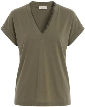 Brunello Cucinelli Camiseta Con Ribete De Monili Y Cuello En V - Verde