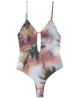 Patrizia Pepe Palm-Print Cut-Out Swimsuit - Brown