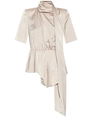 Gestuz Teresa Logo-Jacquard Draped-Scarf Blouse - White