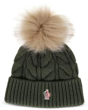 Moncler Cable-Knit Pompom Beanie Hat - Green