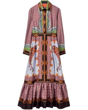 La DoubleJ Long-Sleeved Patterned Silk Midi Day Dress - Red