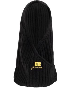 Ganni Logo-Embroidered Ribbed Balaclava - Black