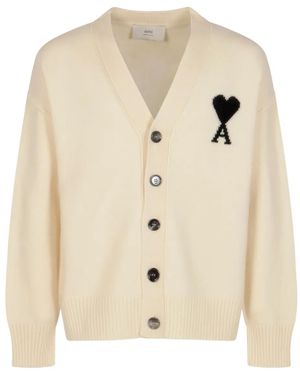 Ami Paris Ami De Coeur Monogram Wool Cardigan - Natural