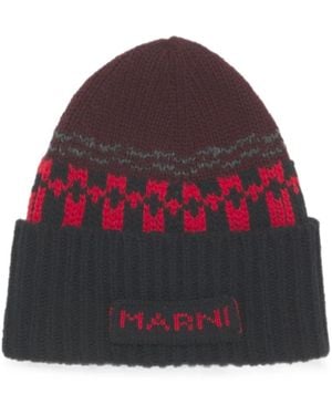 Marni Rote Wollmütze Mit Geometrischem Motiv
