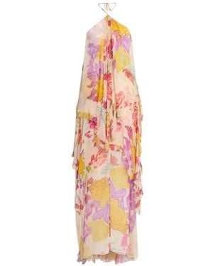 Donde Esteban Flores Silk Chiffon Long Halter Dress - White