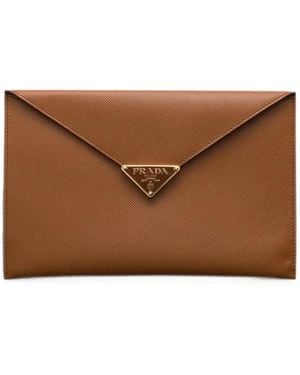 Prada Saffiano-Leather Envelope Clutch - Brown