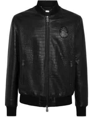 Billionaire Cocco Crocodile-Effect Zip-Up Bomber Jacket - Black